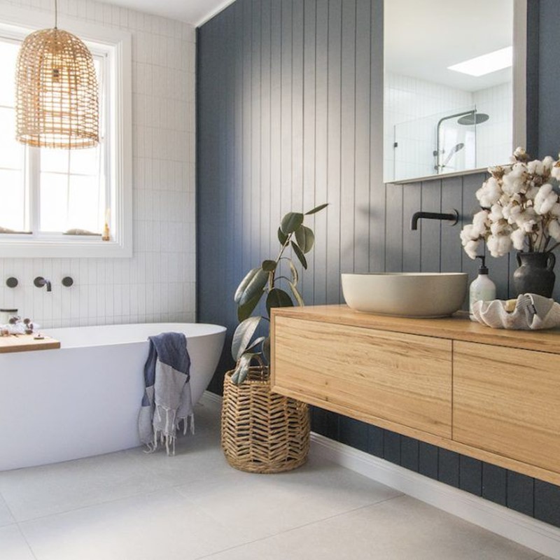 Darker grey colour scheme with wood fixtures