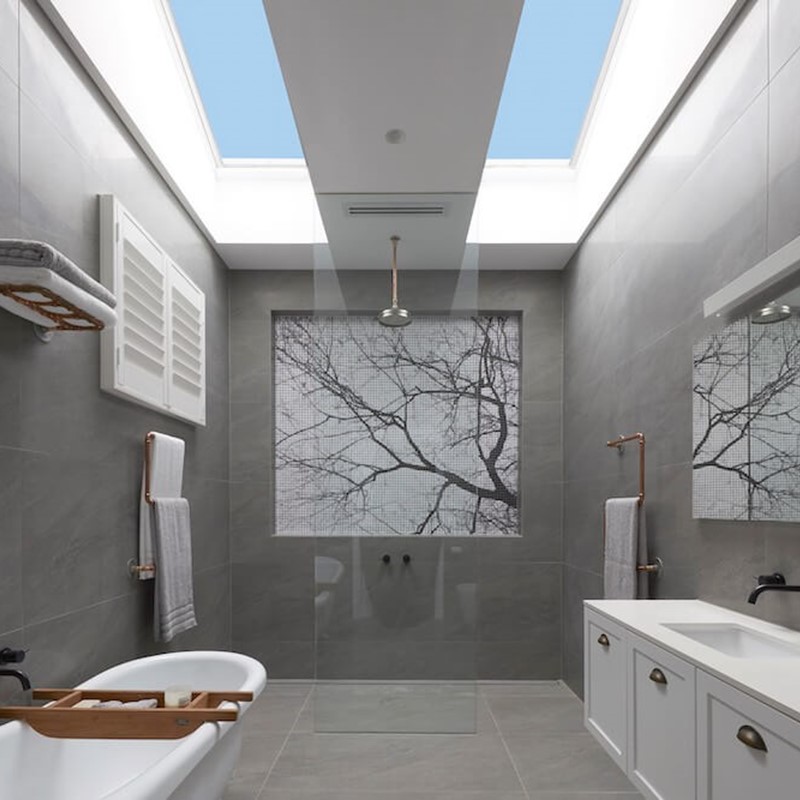 Large skylights in bathroom