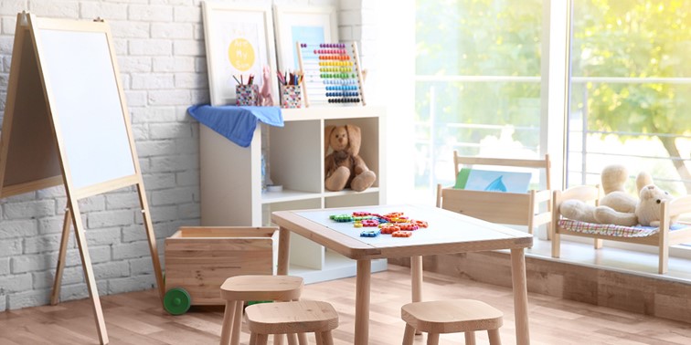 kids room with wooden furniture