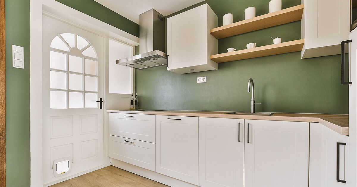 Modern green and white kitchen