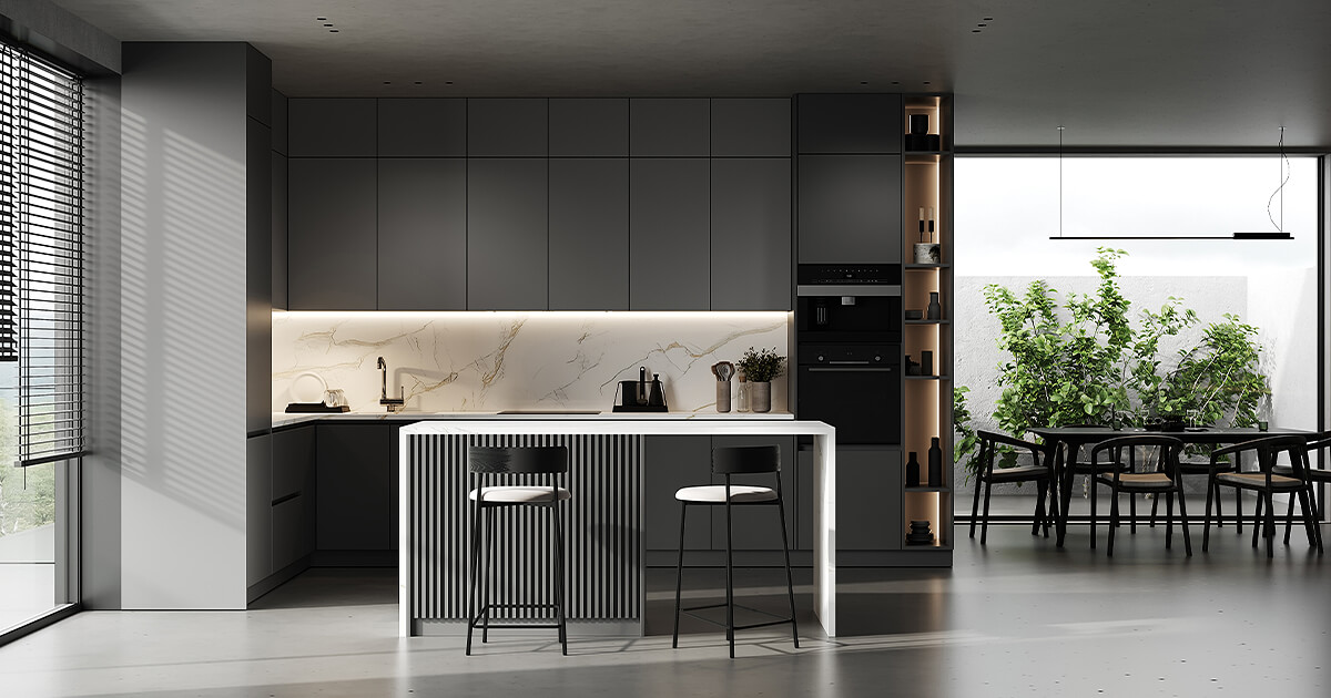 Expensive looking kitchen with white marble and dark cabinetry