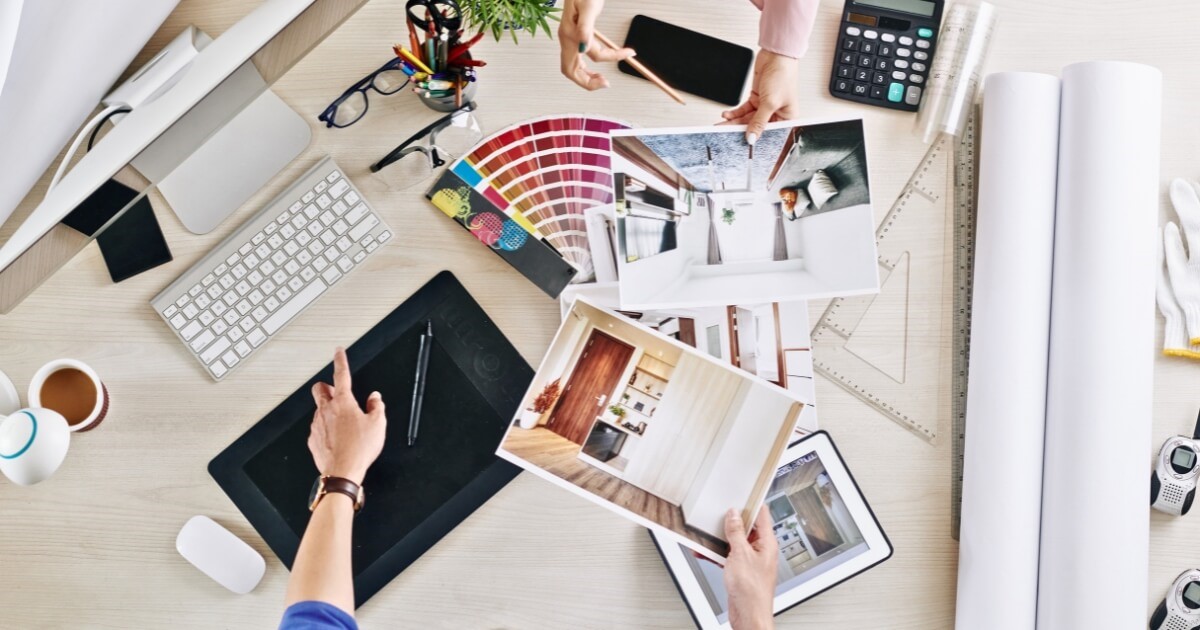 Planning stages of interior home design with pictures and swatches