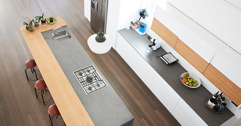 Kitchen with island viewed from above