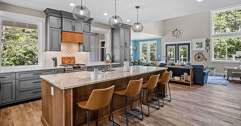 Island style open plan kitchen layout