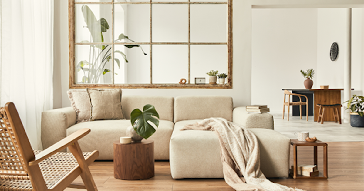 Living room with unique window design