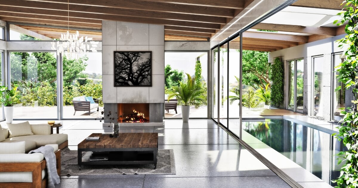 Living room with outdoor space and pool