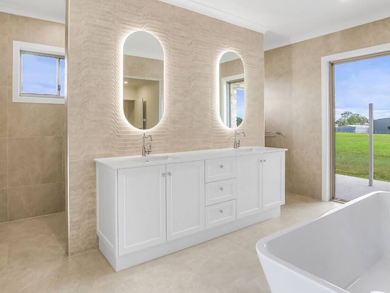 Open bathroom design with double mirror