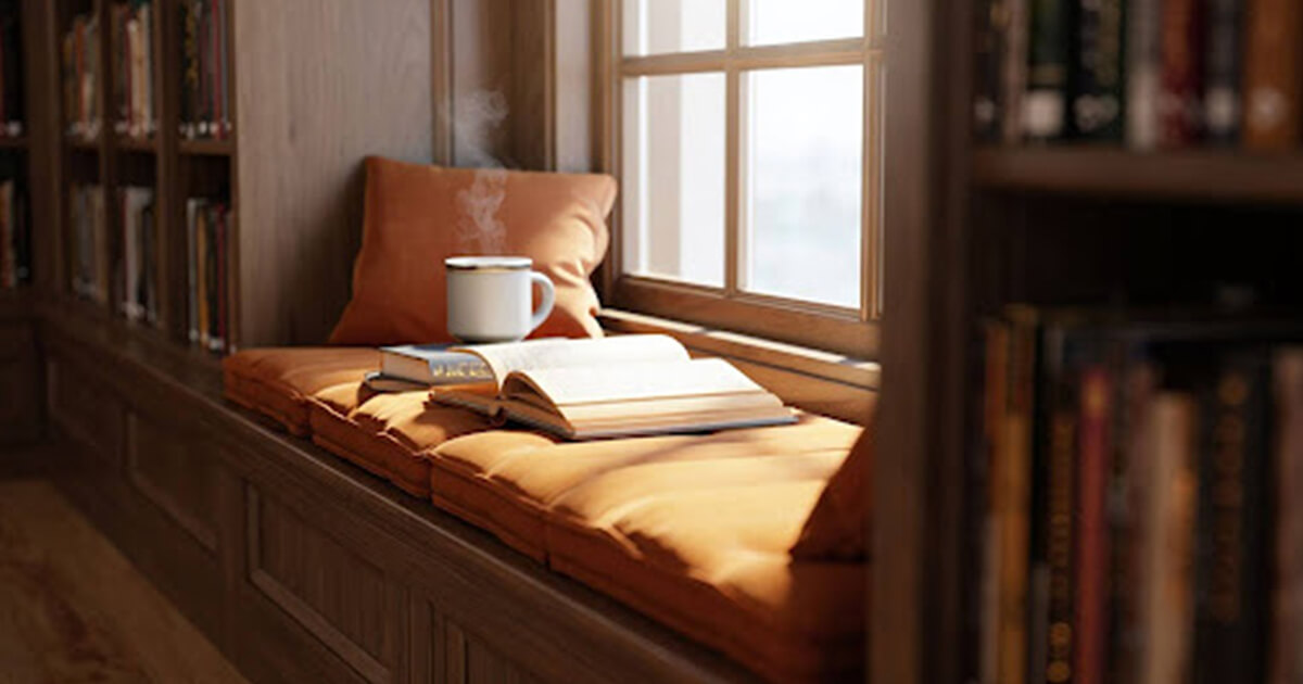 Cosy reading nook with window seat and book