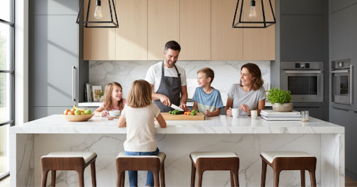 Family sitting at kitchen island