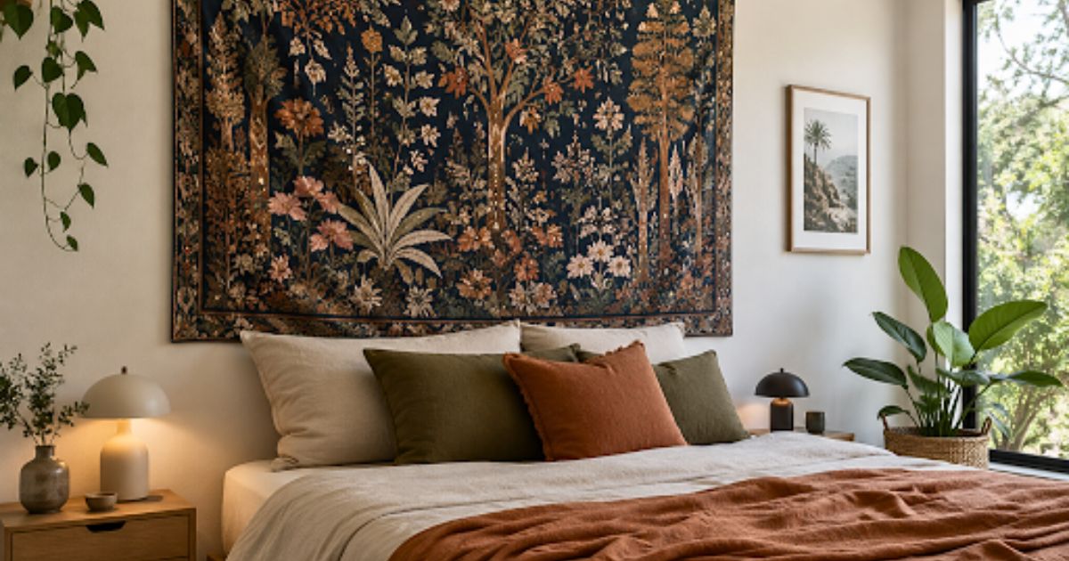 Wall tapestry in bedroom